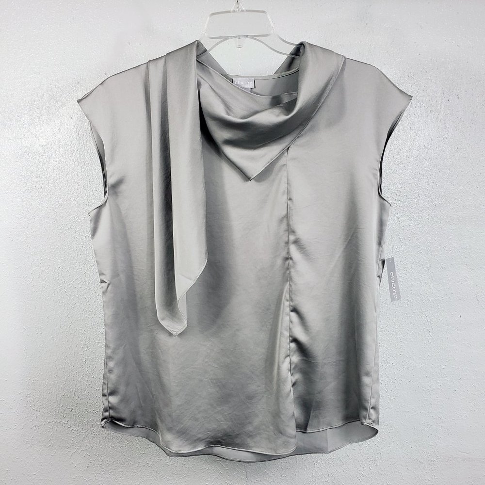 Chico's Women's Size 2 Silver Sleeveless Scarf Neck Shirt Blouse Tank Top Shell